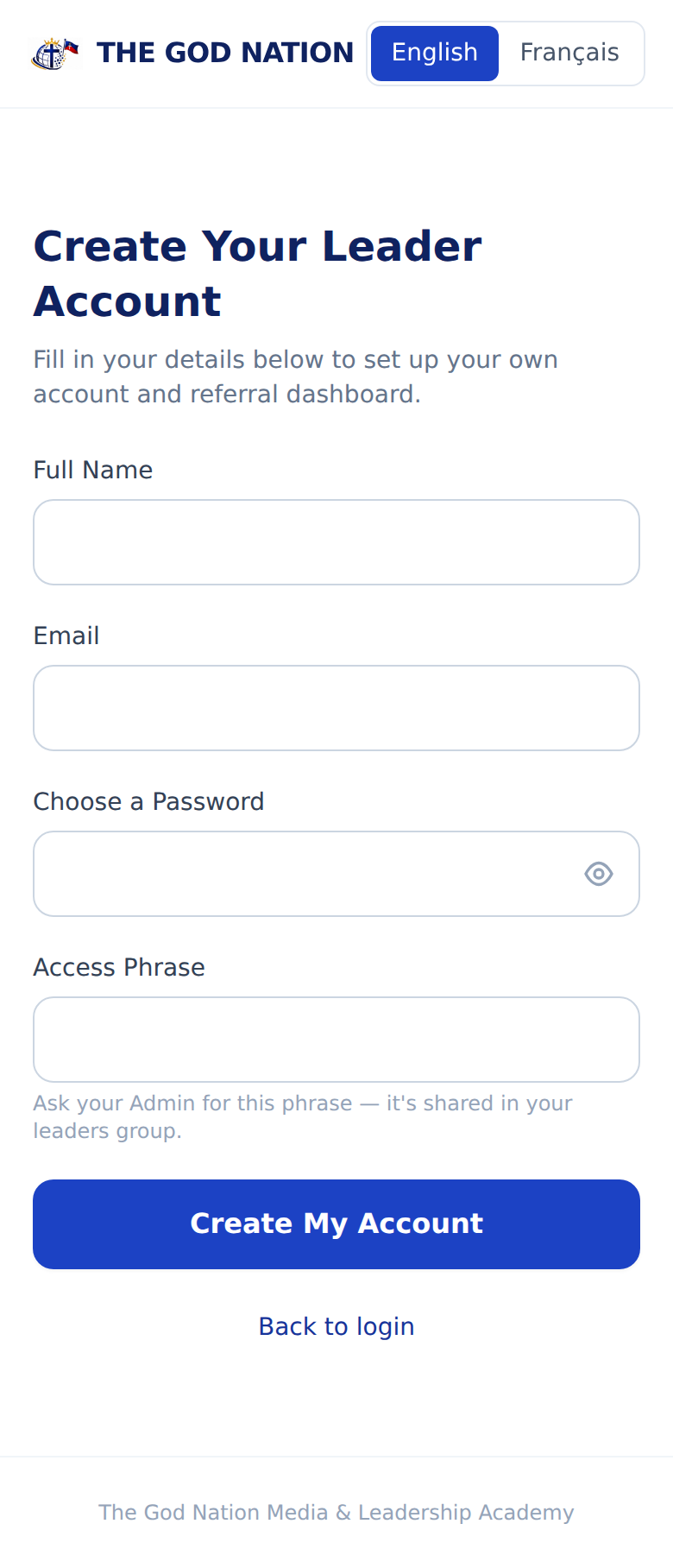 Leader signup form, empty