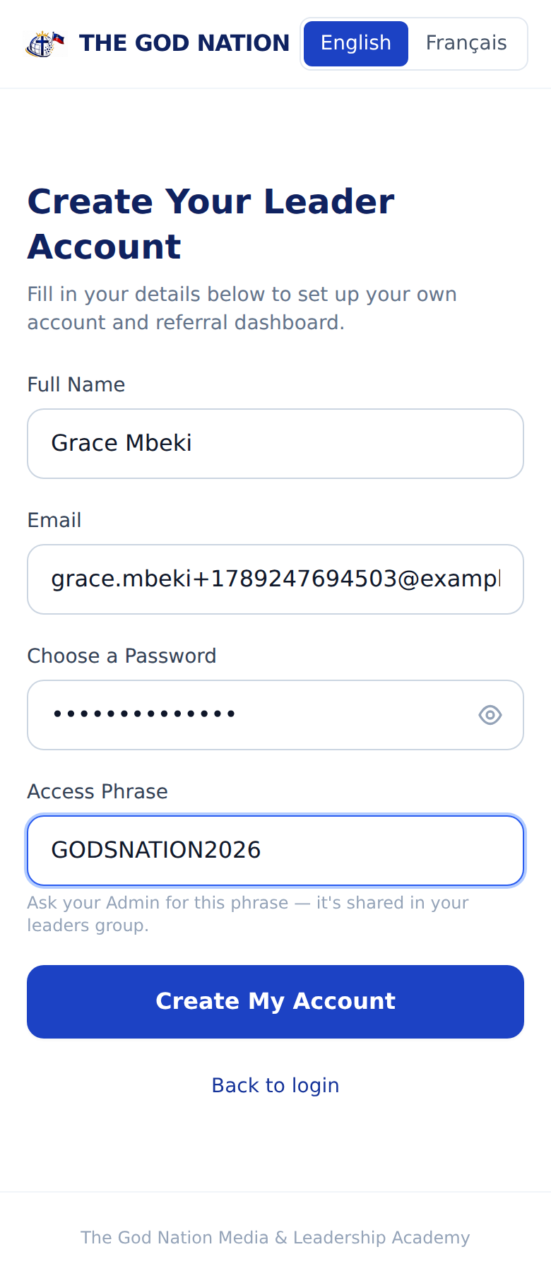 Leader signup form, filled in