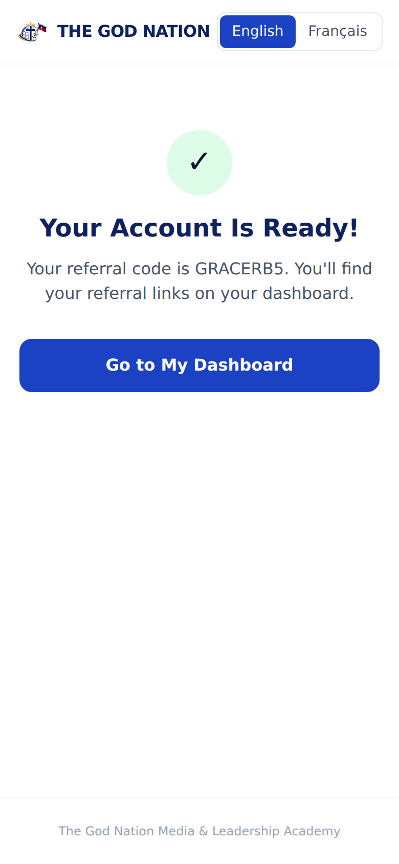 Account created success screen with referral code