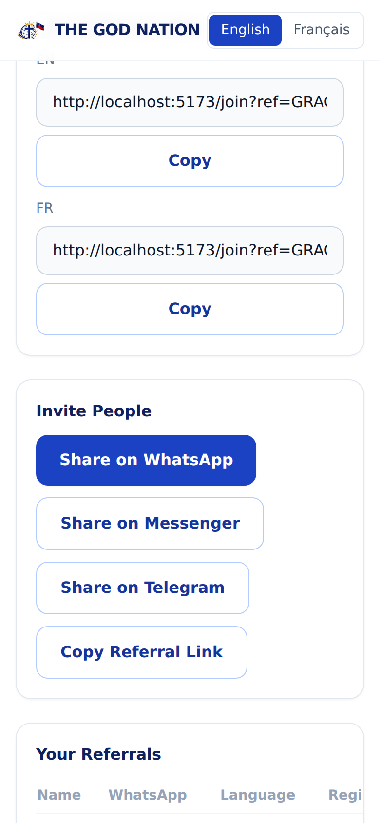 Invite people buttons: WhatsApp, Messenger, Telegram, copy link